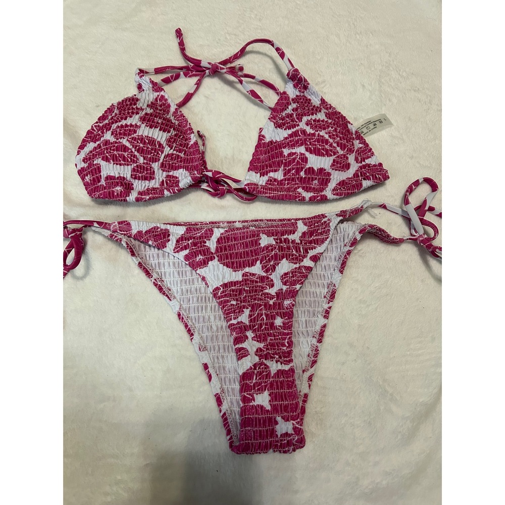 Floral Bikini Set Women's Swimsuit‎ Two Piece Tie Side Smocked Pink White